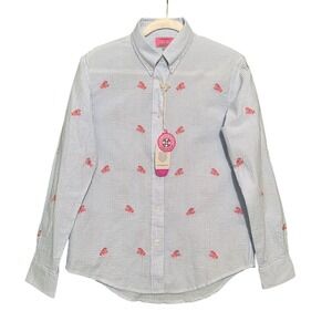 NWT NEW Castaway Women's Blue Seersucker Lobster Button Down Shirt Size L